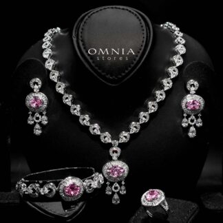 Omnia Hayah Pink Bridal Full Set in High Quality Zircon Stone in Rhodium Plated