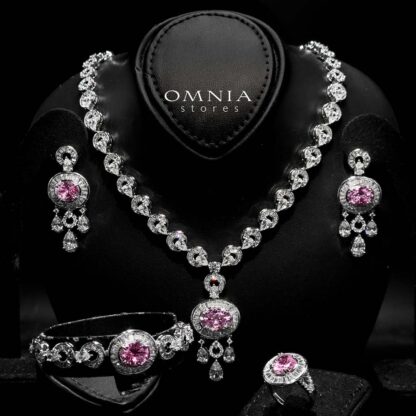 Omnia Hayah Pink Bridal Full Set in High Quality Zircon Stone in Rhodium Plated