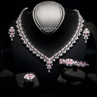 Omnia Rafi Pink Bridal Full Set with Elegant Pink and White Simulated Diamonds in High-Quality Rhodium Plated Finish