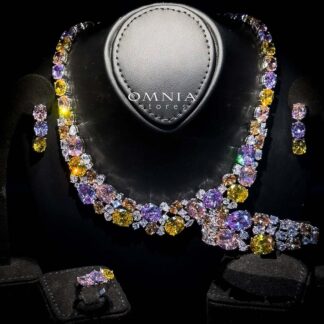 Omnia Artemis Baby Pink Multi-Colored Bridal Set with Round and Oval Cut Simulated Diamonds in High-Quality Rhodium Plated Finish