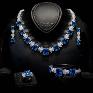 Omnia Amelia Sky Blue Bridal Full Set with Emerald and Pear-Cut High-Quality Simulated Diamonds in High-Quality Rhodium Plating
