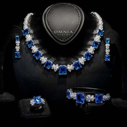 Omnia Amelia Sky Blue Bridal Full Set with Emerald and Pear-Cut High-Quality Simulated Diamonds in High-Quality Rhodium Plating