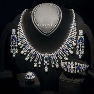 Omnia Sirella Blue Bridal Full Set with Intricate Cascading Zircon and Pearl Design in High-Quality Rhodium Plated