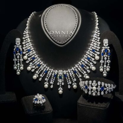 Omnia Sirella Blue Bridal Full Set with Intricate Cascading Zircon and Pearl Design in High-Quality Rhodium Plated
