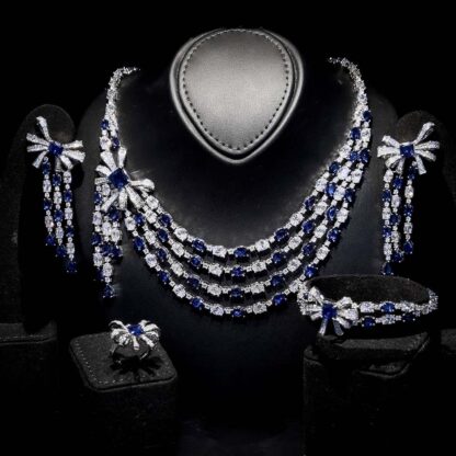 Omnia Mawada Blue Bridal Full Set with Elegant Bow-Accent Design and High-Quality Zircon Stones in Rhodium Plated Finish