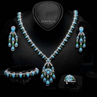 Omnia Salma Turquoise and Green Full Set with High-Quality Simulated Diamonds Rhodium Plated