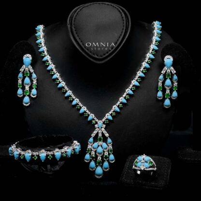 Omnia Salma Turquoise and Green Full Set with High-Quality Simulated Diamonds Rhodium Plated
