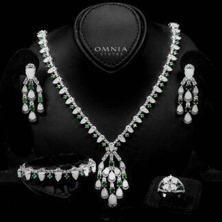 Omnia Salma White and Green Full Set with High-Quality Simulated Diamonds Rhodium Plated