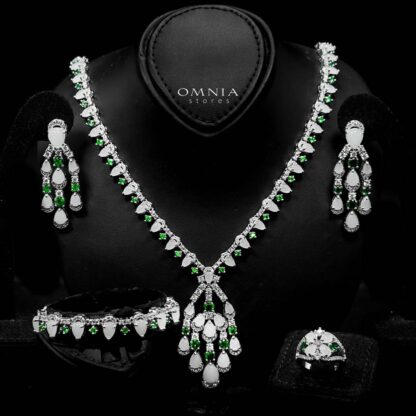 Omnia Salma White and Green Full Set with High-Quality Simulated Diamonds Rhodium Plated