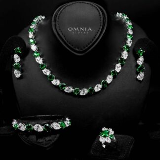 Omnia Lamia Green and White Bridal Full Set with High-Quality Simulated Diamonds Rhodium Plated
