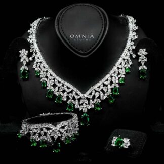Omnia Princess Bridal Full Set with Pear-Cut White And Green High-Quality Simulated Diamonds Rhodium Plated