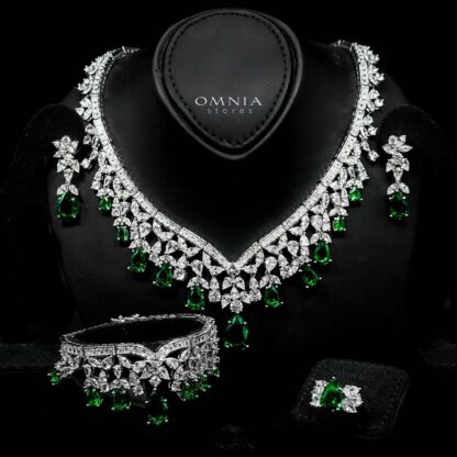 Omnia Princess Bridal Full Set with Pear-Cut White And Green High-Quality Simulated Diamonds Rhodium Plated