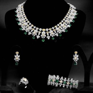 Omnia Dema Emerald Green and Yellow Bridal Full Set in High Quality Zircon Stone Rhodium Plated