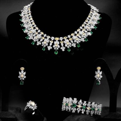 Omnia Dema Emerald Green and Yellow Bridal Full Set in High Quality Zircon Stone Rhodium Plated