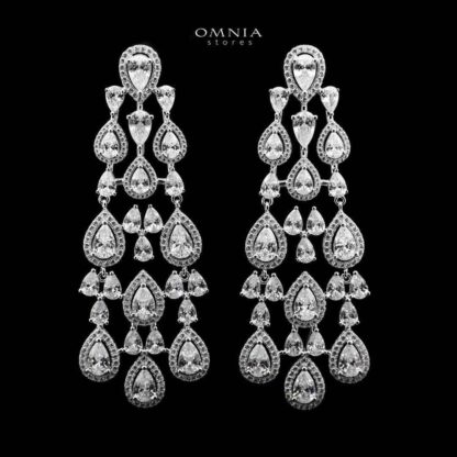 Omnia Basima White Chandelier Earrings in 925 Silver with Pear-Cut High-Quality Simulated Diamonds