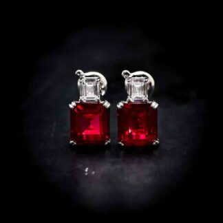 Omnia Candice Red Emerald Cut Clip-On Earrings in 92.5 Silver with High Quality Simulated Diamonds