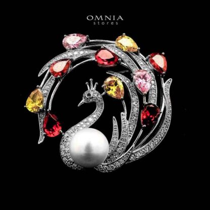 Omnia Shahed Bird Design Multi Color Silver Brooch in 925 Silver with High-Quality Simulated Diamonds
