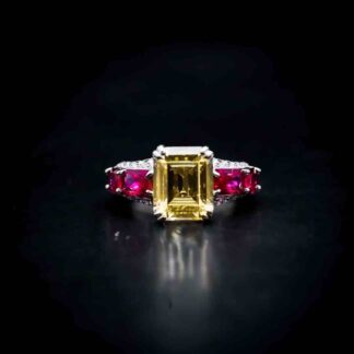 Omnia Zayna Yellow Emerald Cut Ring 92.5 Silver with High-Quality Simulated Diamonds and Ruby Accents