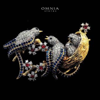 Omnia Maysaa Bird Nest Design Multi Color Golden Brooch in 925 Silver with High-Quality Simulated Diamonds - MultiColor