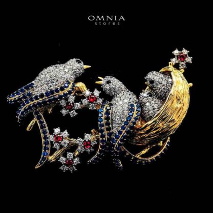 Omnia Maysaa Bird Nest Design Multi Color Golden Brooch in 925 Silver with High-Quality Simulated Diamonds