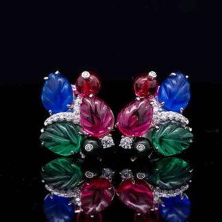 Omnia Multicolor Leaf Clip-On Earrings with Simulated Diamonds and Vibrant Gemstone Design in 92.5 Silver
