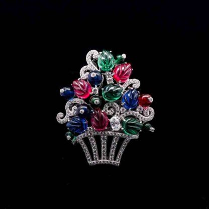 Omnia Floral Basket Brooch in 92.5 Silver with Multi-Color Simulated Stones and High Quality Zircon Diamonds