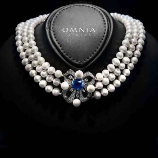 Mahboobeh Blue Pearl Necklace in 925 Silver with High Quality Simulated Diamonds