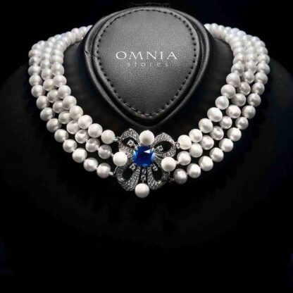 Mahboobeh Blue Pearl Necklace in 925 Silver with High Quality Simulated Diamonds