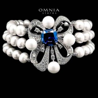 Mahboobeh Blue Pearl Bracelet in 925 Silver with High Quality Simulated Diamonds