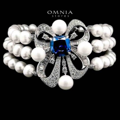Mahboobeh Blue Pearl Bracelet in 925 Silver with High Quality Simulated Diamonds