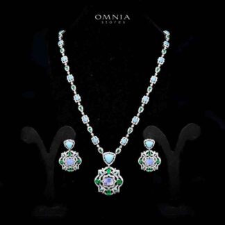 Omnia Siwar Silver Long Chain Necklace and Earrings Set 925 Silver in High Quality Green and Turquoise Simulated Diamond Stones