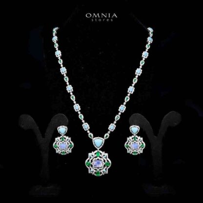 Omnia Siwar Silver Long Chain Necklace and Earrings Set 925 Silver in High Quality Green and Turquoise Simulated Diamond Stones