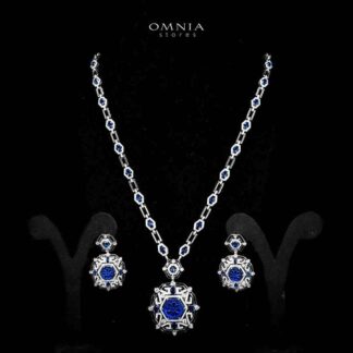 Omnia Siwar Silver Long Chain Necklace and Earrings Set 925 Silver in High Quality Blue Simulated Diamond Stones