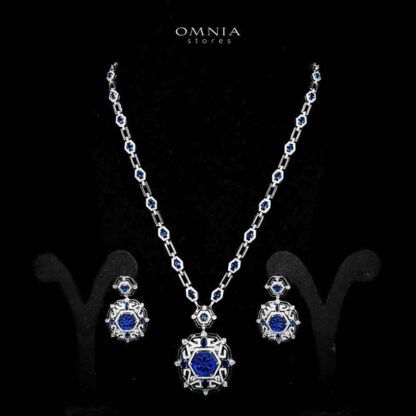 Omnia Siwar Silver Long Chain Necklace and Earrings Set 925 Silver in High Quality Blue Simulated Diamond Stones