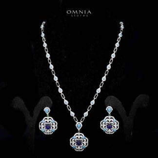 Omnia Siwar Silver Long Chain Necklace and Earrings Set 925 Silver in High Quality Blue Stones