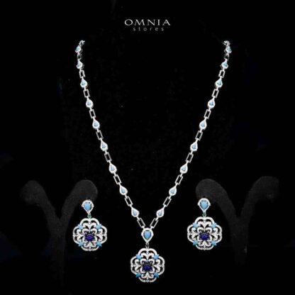 Omnia Siwar Silver Long Chain Necklace and Earrings Set 925 Silver in High Quality Blue Stones
