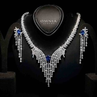 Omnia Abir Blue Bridal Necklace & Earrings Set in 925 Silver with Pear and Marquise-Cut High-Quality Simulated Diamonds