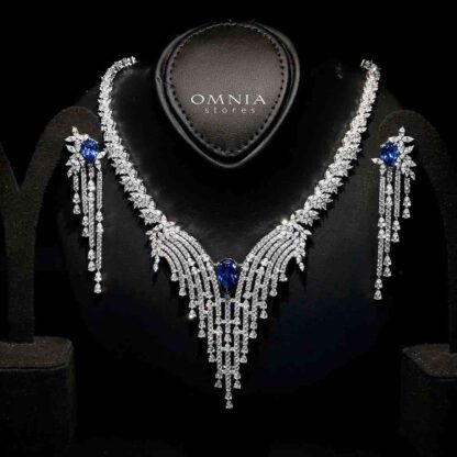 Omnia Abir Blue Bridal Necklace & Earrings Set in 925 Silver with Pear and Marquise-Cut High-Quality Simulated Diamonds