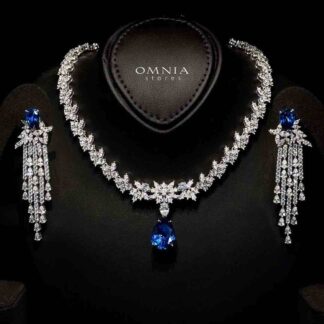 Omnia Vanya Blue Necklace & Earrings Set in 925 Silver with Pear-Cut High-Quality Simulated Diamonds