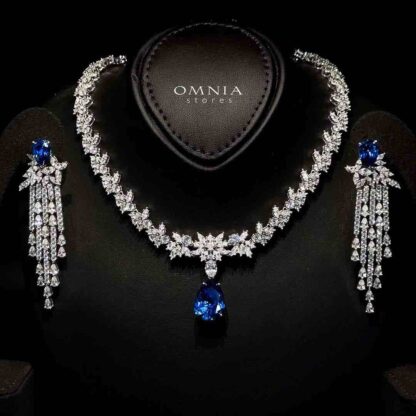 Omnia Vanya Blue Necklace & Earrings Set in 925 Silver with Pear-Cut High-Quality Simulated Diamonds