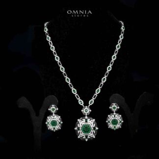 Omnia Siwar Silver Long Chain Necklace and Earrings Set 925 Silver in High Quality Green Simulated Diamonds Stones