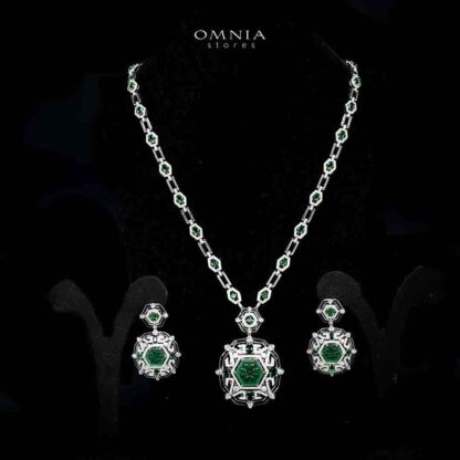 Omnia Siwar Silver Long Chain Necklace and Earrings Set 925 Silver in High Quality Green Simulated Diamonds Stones