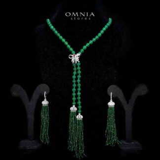 Omnia Lahitha Green Fresh Real Water Pearl Long Chain Necklace & Drop Pearl Earrings in 925 Silver with High-Quality Simulated Diamonds