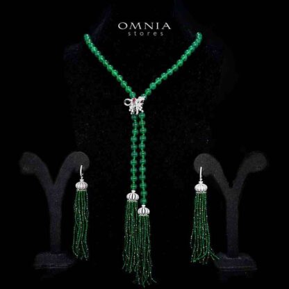 Omnia Lahitha Green Fresh Real Water Pearl Long Chain Necklace & Drop Pearl Earrings in 925 Silver with High-Quality Simulated Diamonds