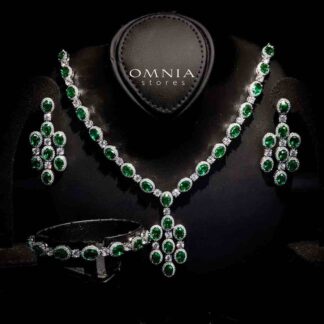 Omnia Danah Green Necklace, Bracelet and Earrings Set in 92.5 Silver High Quality Simulated Diamonds