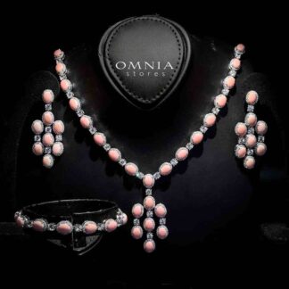 Omnia Dawlat Necklace, Earrings and Bracelet Set 92.5 Silver In High Quality Simulated diamonds with Pink Stones