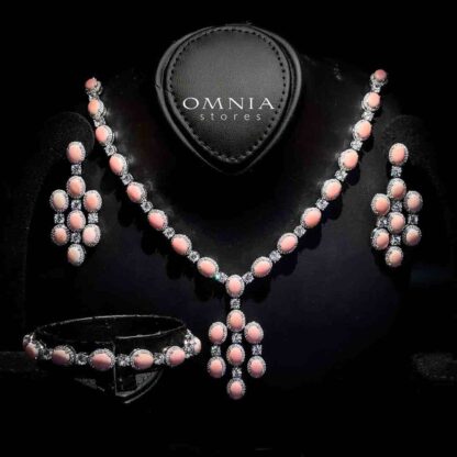 Omnia Dawlat Necklace, Earrings and Bracelet Set 92.5 Silver In High Quality Simulated diamonds with Pink Stones