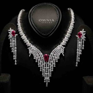 Omnia Abir Maroon Bridal Necklace & Earrings Set in 925 Silver with Pear and Marquise-Cut High-Quality Simulated Diamonds