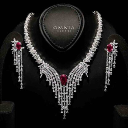 Omnia Abir Maroon Bridal Necklace & Earrings Set in 925 Silver with Pear and Marquise-Cut High-Quality Simulated Diamonds