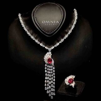 Omnia Bariza Maroon Necklace & Ring Set in 925 Silver with Oval and Marquise-Cut High-Quality Simulated Diamonds